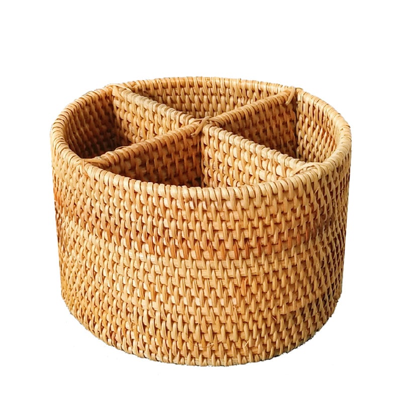 i-lan Natural Rattan 4 Compartments Storage Holder Cosmetics Organizer Utensil and Seasoning Bottle Serving Basket for Party(200mm 4-compartment Round Box) - Image 1